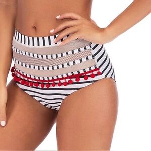 CocoShip High Waisted Stripe Pompom Trim Bikini Bottoms SZ M Navy Blue White Red
